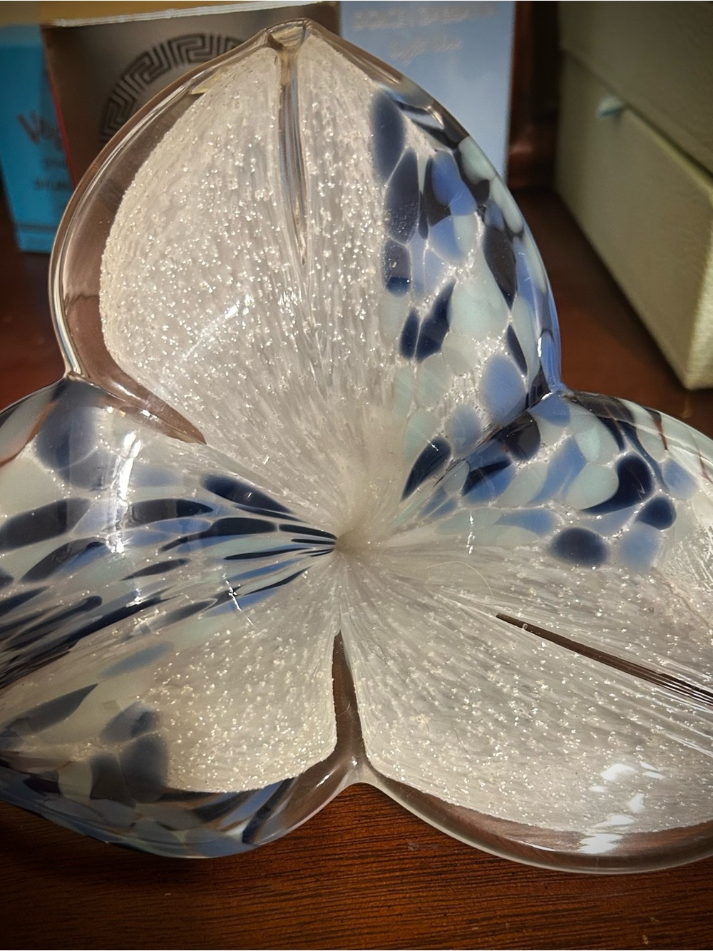 Murano Blue and White Hand-Blown Glass Flower Sculpture